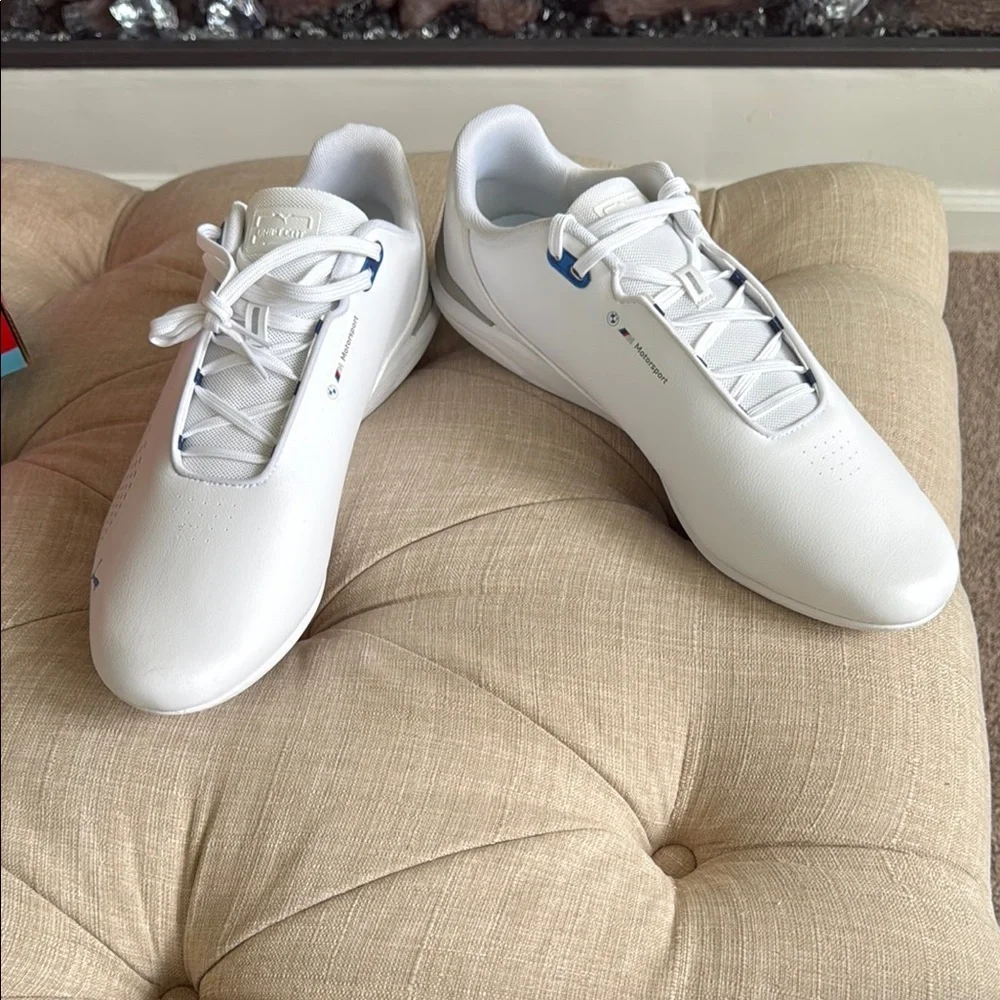 NWT. Puma White and Blue Sneakers Sleek Motorsport Design